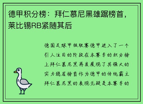 德甲积分榜：拜仁慕尼黑雄踞榜首，莱比锡RB紧随其后