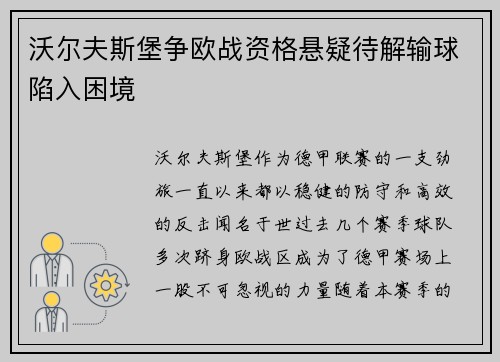 沃尔夫斯堡争欧战资格悬疑待解输球陷入困境