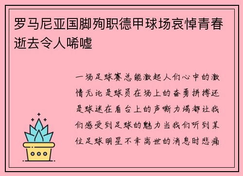 罗马尼亚国脚殉职德甲球场哀悼青春逝去令人唏嘘